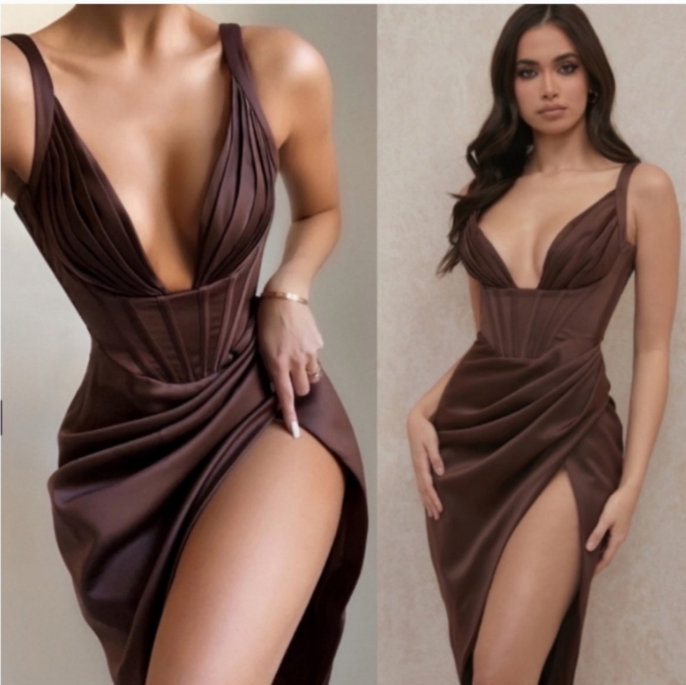 House of CB Faye Satin Pleated Midi Dress NWT